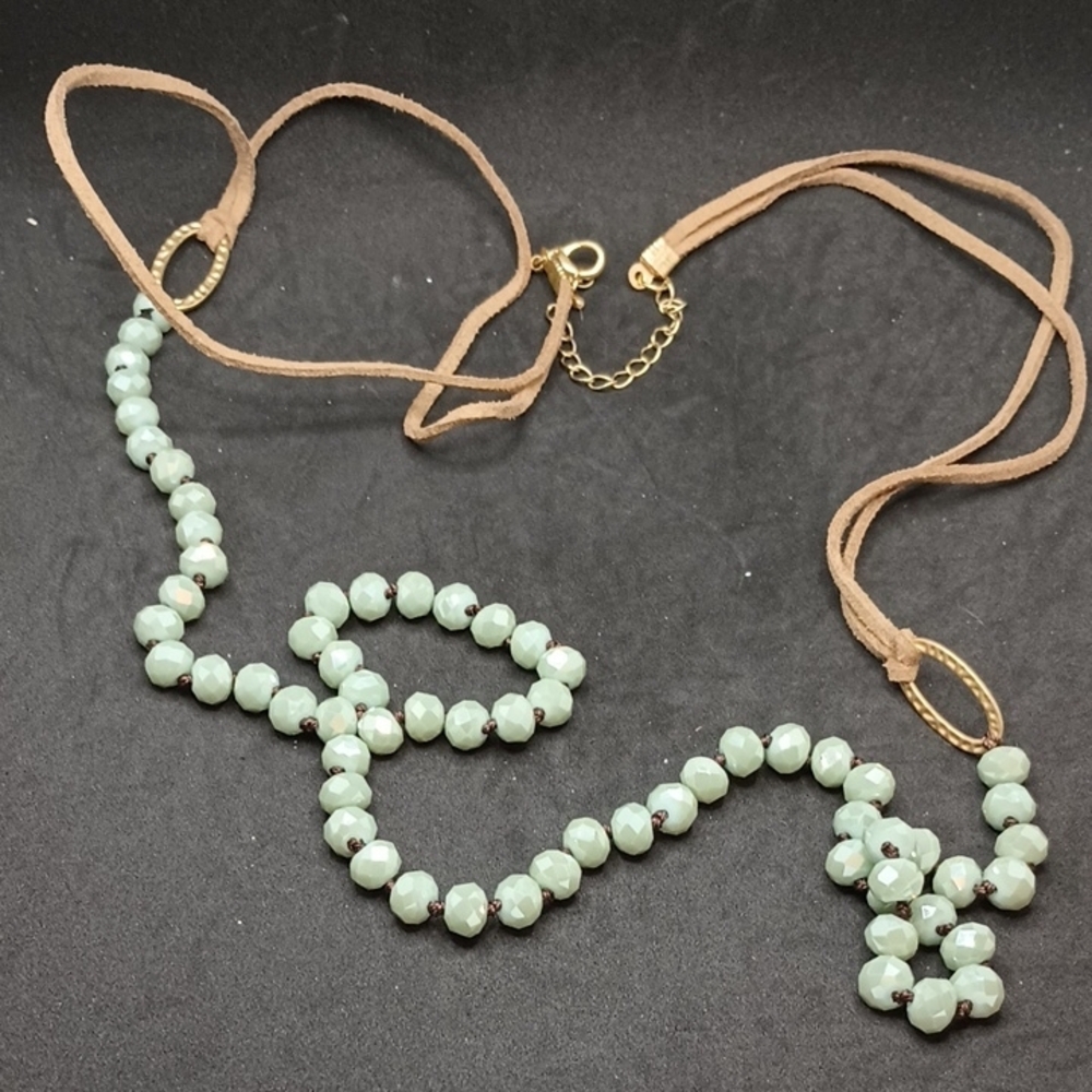 Green and Tan Faux Leather Beaded Necklace